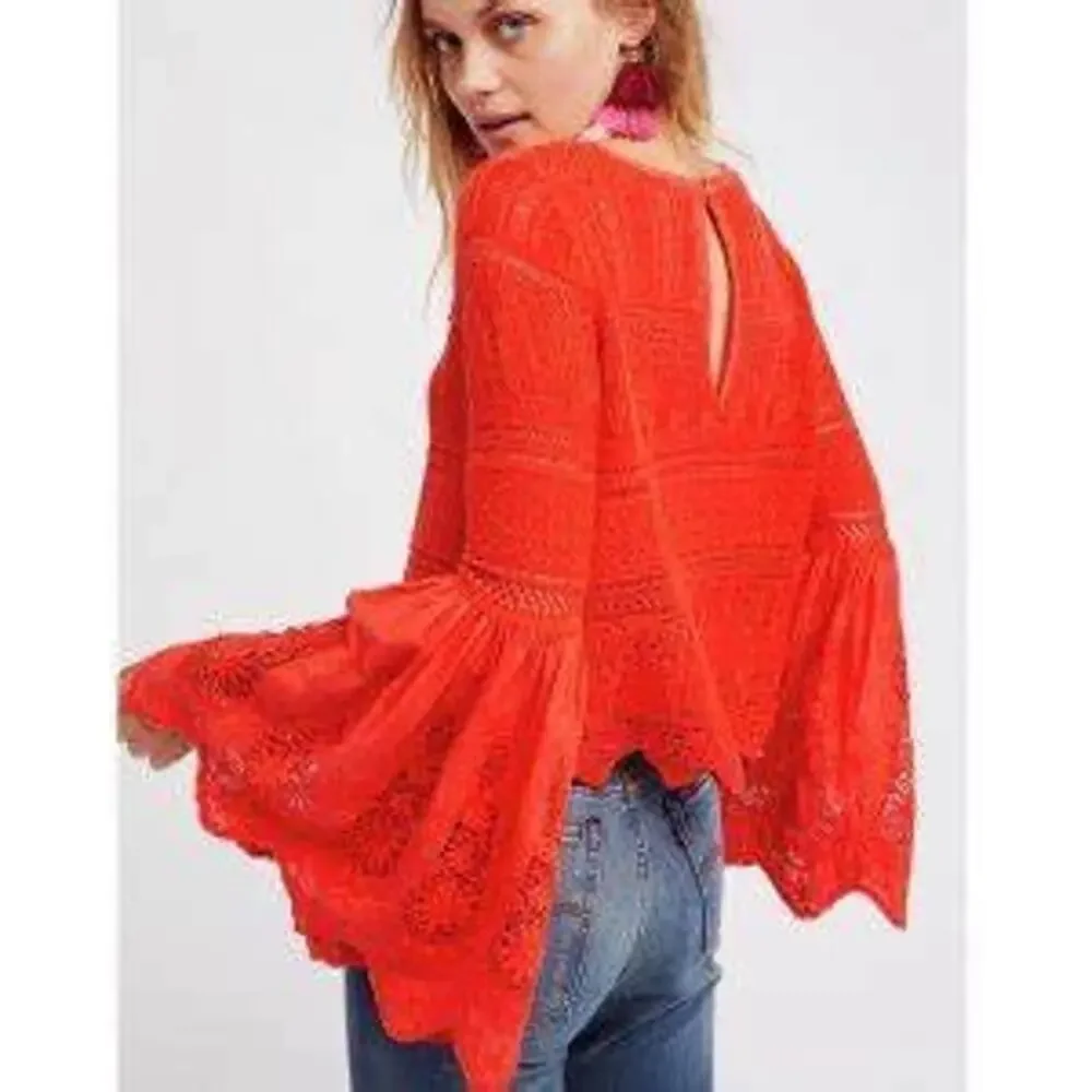 Free People Red Once Upon A Time Linen Crochet Bell Sleeve Top Size M
